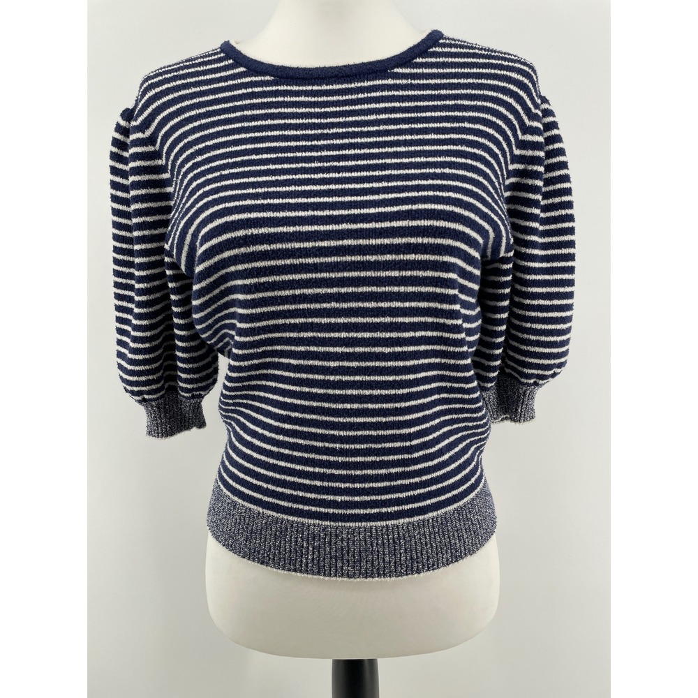 Suncoo Knit Top Womens T0 XS Blue White Puff Sleeve Nautical Coastal Sweater